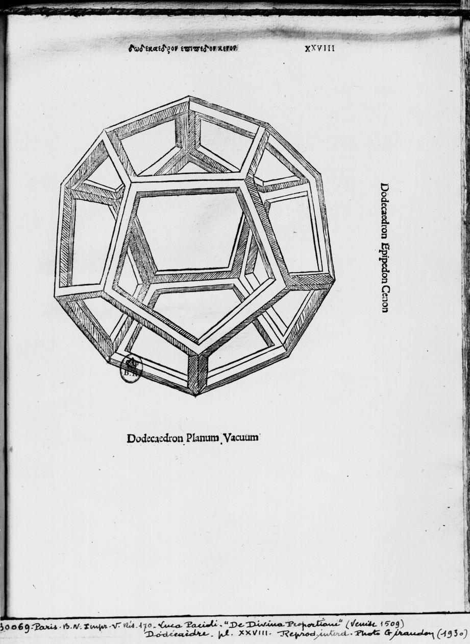 Dodecahedron ، من "De Divina Proportione" بواسطة Luca Pacioli ، تم نشره عام 1509 ، البندقية بواسطة ليوناردو دا فينشي