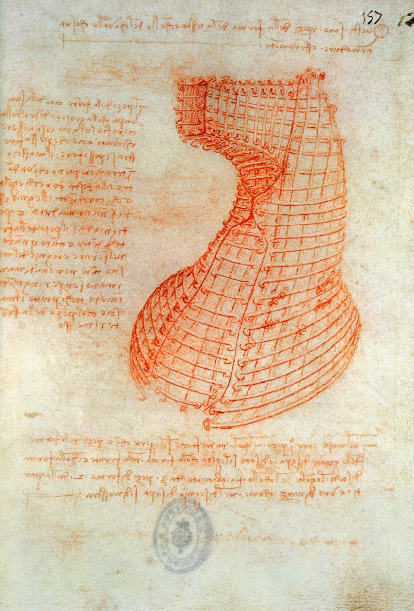 رسم قالب صب الحديد لرأس حصان سفورزا ، فل. 57 (المستقيم) ، من الدستور مدريد الأول ، c.1491-93 (قلم حبر بني على الورق) بواسطة ليوناردو دا فينشي