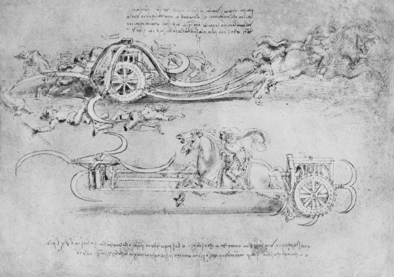 رسومات لنوعين من المركبات المسلحة بالمنجل ، c1480 1945 بواسطة ليوناردو دا فينشي