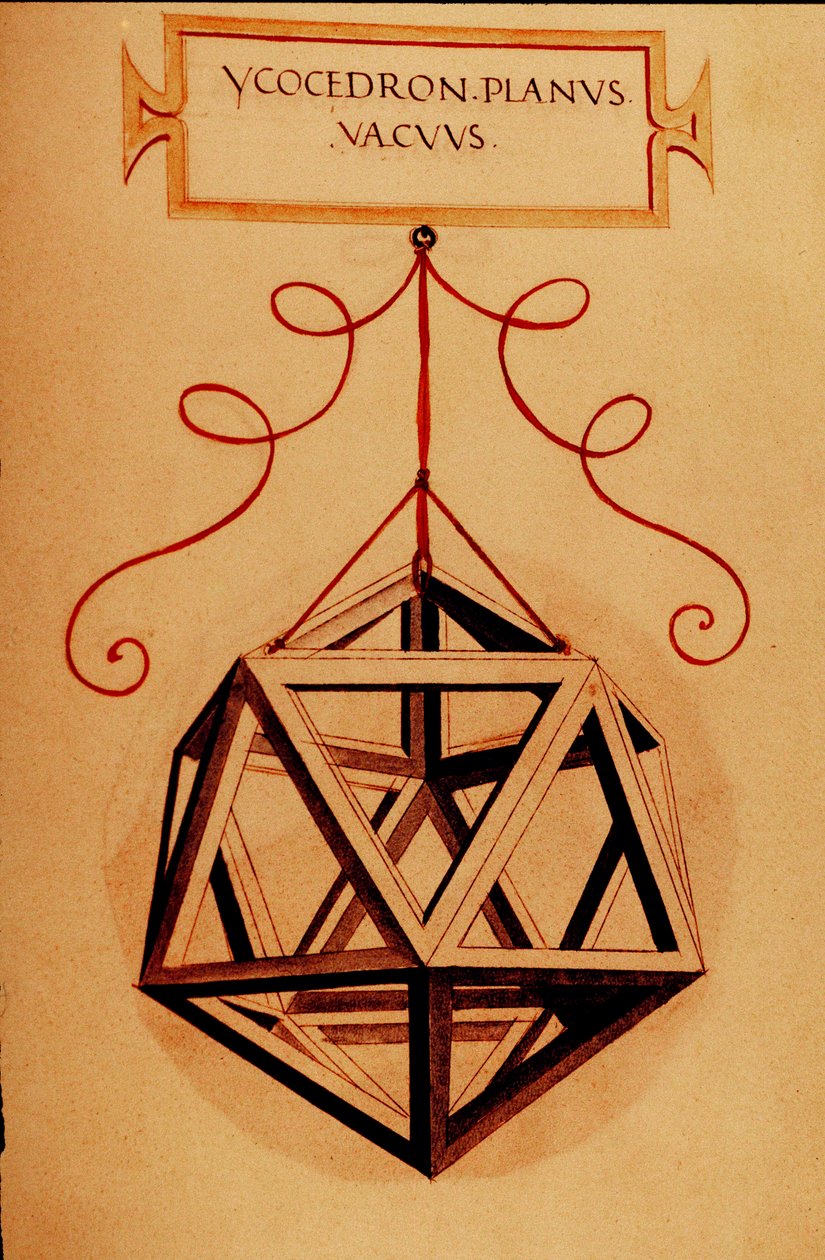 الهندسة: "" An Icosahedron "" صفحة مأخوذة من مخطوطة "De divina ratioe" (عن النسب الإلهية) لعالم الرياضيات فرا لوكا باسيولي ديت لوكا دي بورجو (1445-1517) برسم ليوناردو دافنشي (1452-1519). 1509. بواسطة ليوناردو دا فينشي
