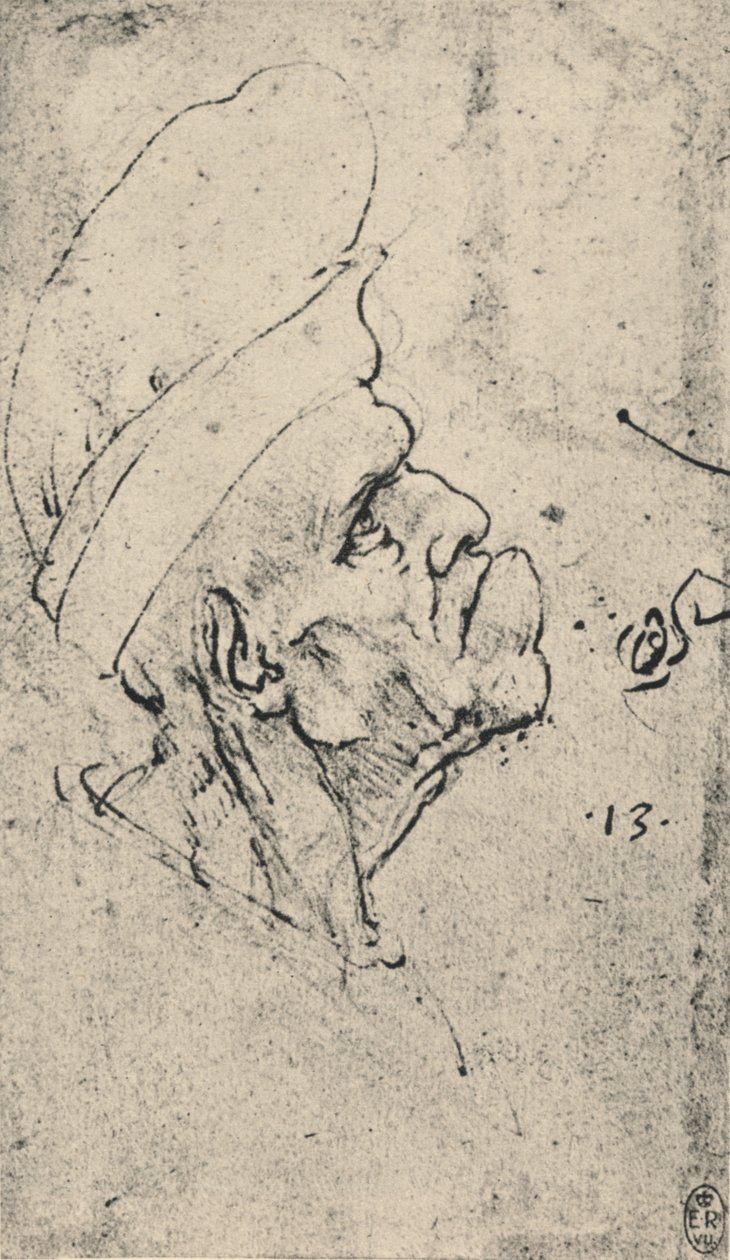 صورة بشعة لرجل يرتدي قبعة إلى اليمين ، c1480 1945 بواسطة ليوناردو دا فينشي