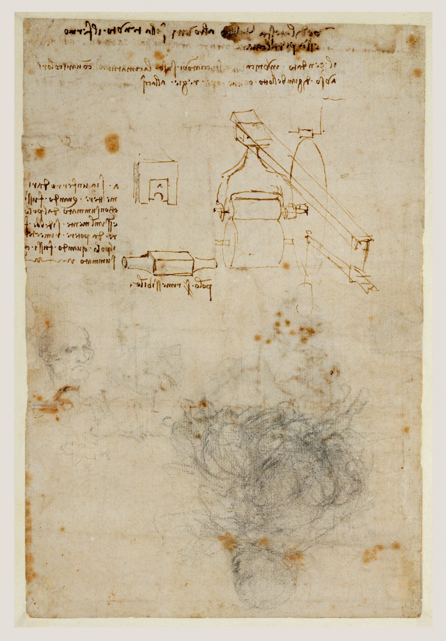 رأس رجل عجوز ودراسة الآلات ، c.1503-06 (طباشير أسود وقلم وحبر بني) بواسطة ليوناردو دا فينشي