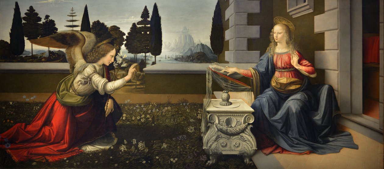 إيطاليا توسكانا فلورنسا ، معرض أوفيزي: البشارة ، لوحة ليوناردو دافنشي (1452-1519) ، زيت على خشب ، كاليفورنيا. 1472-1475 ، 98x217 سم بواسطة ليوناردو دا فينشي