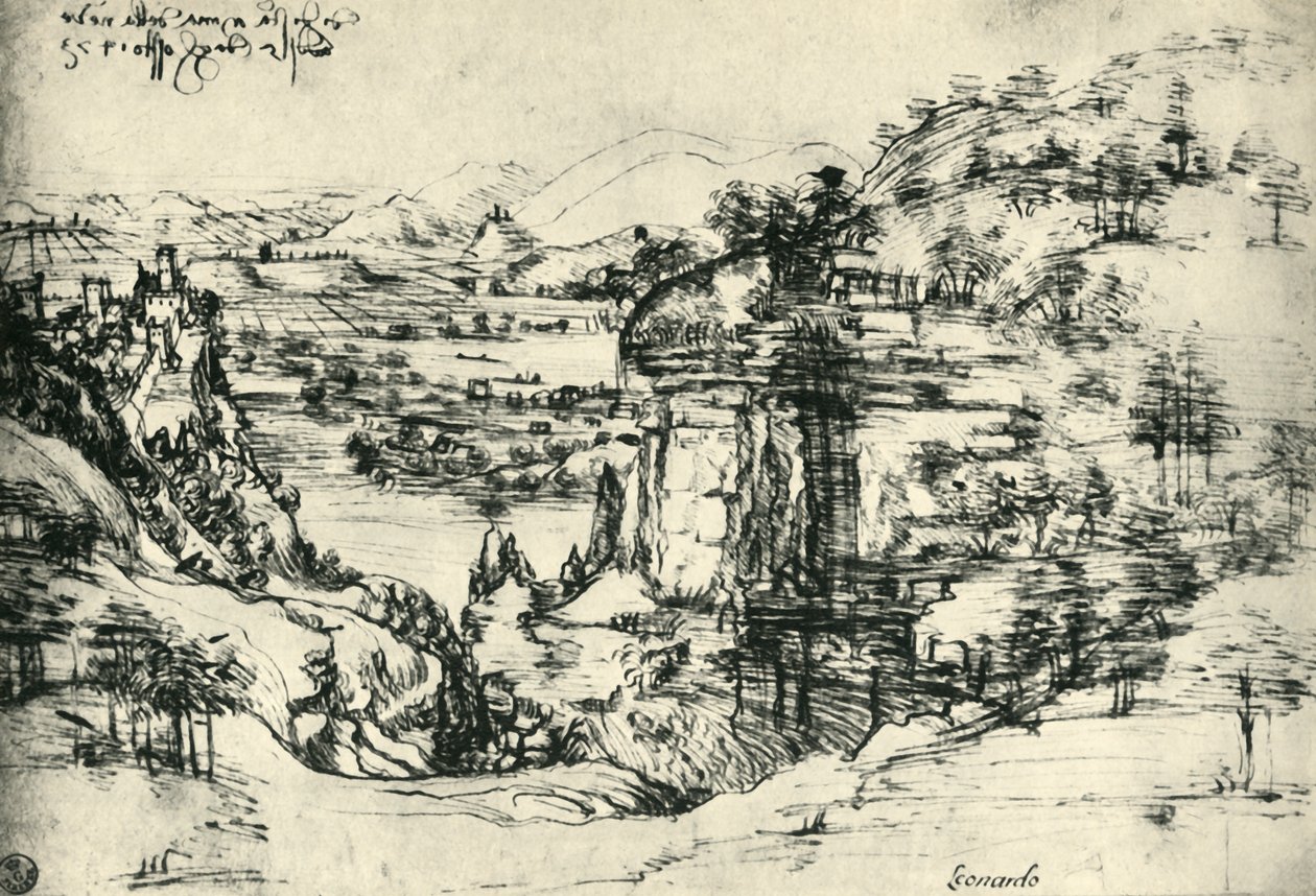 رسم المناظر الطبيعية لسانتا ماريا ديلا نيف في 5 أغسطس 1473 ، 1943. بواسطة ليوناردو دا فينشي