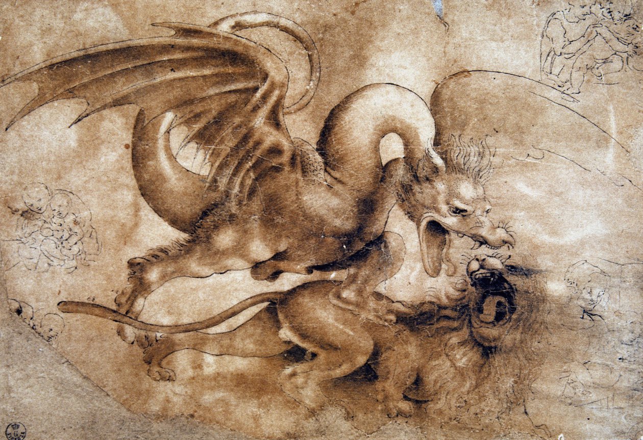 ليوناردو دافنشي (ليوناردو دافنشي) (1452-1519): قتال بين أسد وتنين ، GDSU 435 E (تخيل) بواسطة ليوناردو دا فينشي