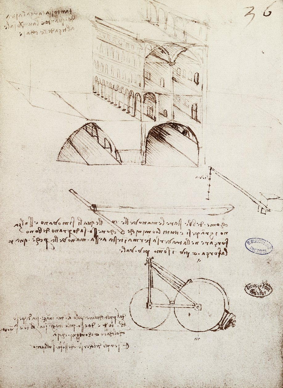 Manuscript B, f 36 r Architectural studies, development and sections of buildings in city with raised streets (pen & ink on paper) بواسطة ليوناردو دا فينشي