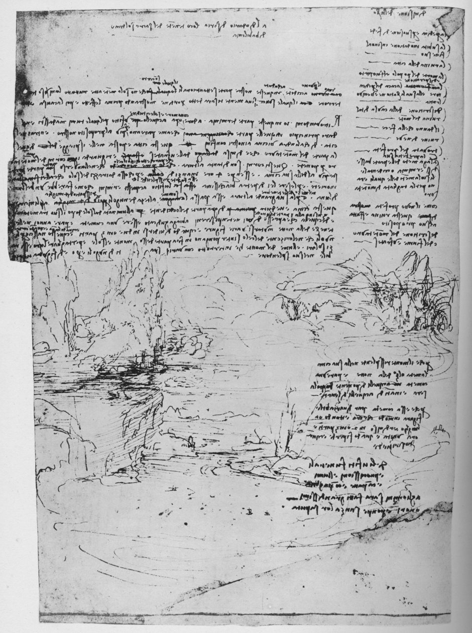 صفحة من النص مع اسكتشات للمناظر الطبيعية ، c1480 1945 بواسطة ليوناردو دا فينشي