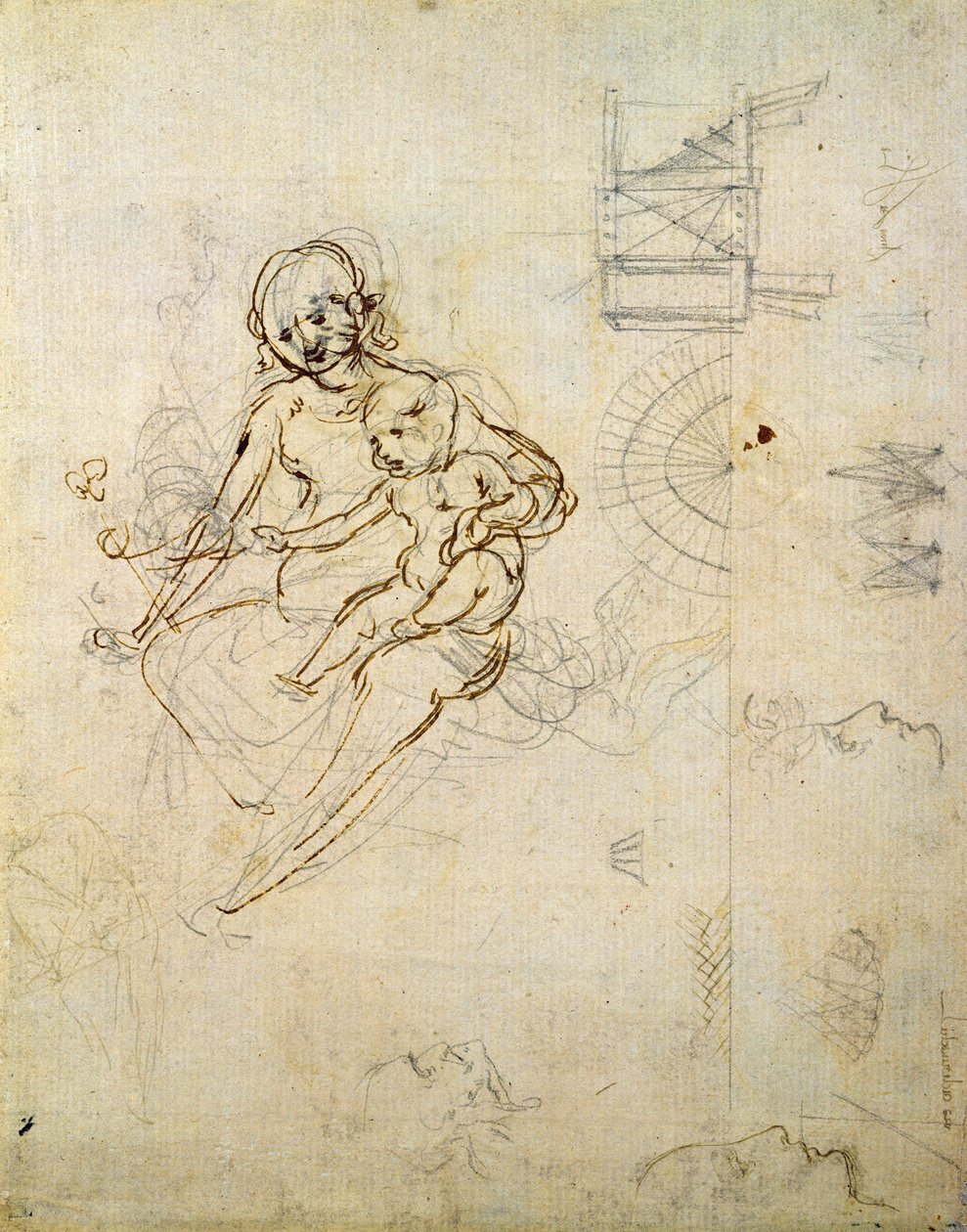 دراسات عن عذراء وطفل ورؤوس في الملف الشخصي والآلات ، c.1478-80 (قلم رصاص وحبر على ورق) بواسطة ليوناردو دا فينشي