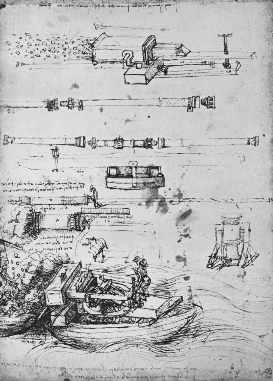 دراسات قذائف الهاون ، وإطلاق واحد من قارب ، وكانون ، c1480 1945 بواسطة ليوناردو دا فينشي