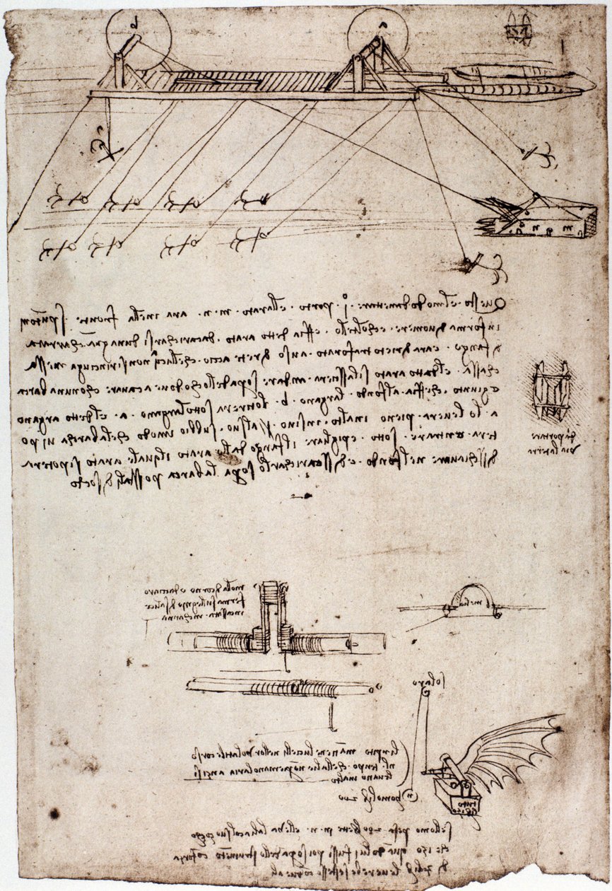 دراسة لكراكة بحرية ليونارد دي فينشي (ليوناردو دافنشي) (1452 - 1519). الرسم بالقلم والحبر. بواسطة ليوناردو دا فينشي