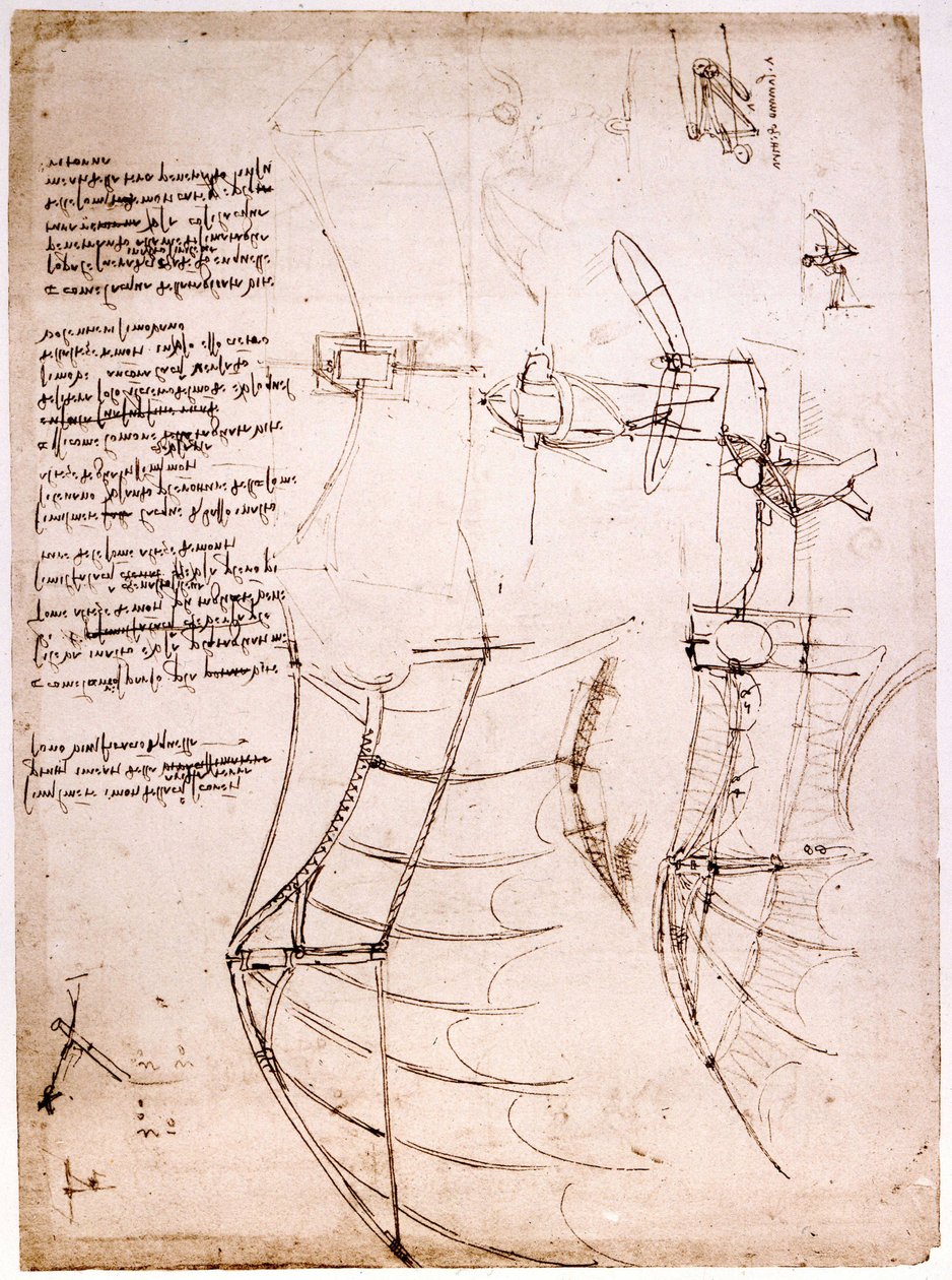Study on wings. Codex Atlantic. Atlantic Codex, Drawing by Leonard de Vinci (Leonardo da Vinci) around 1499. بواسطة ليوناردو دا فينشي
