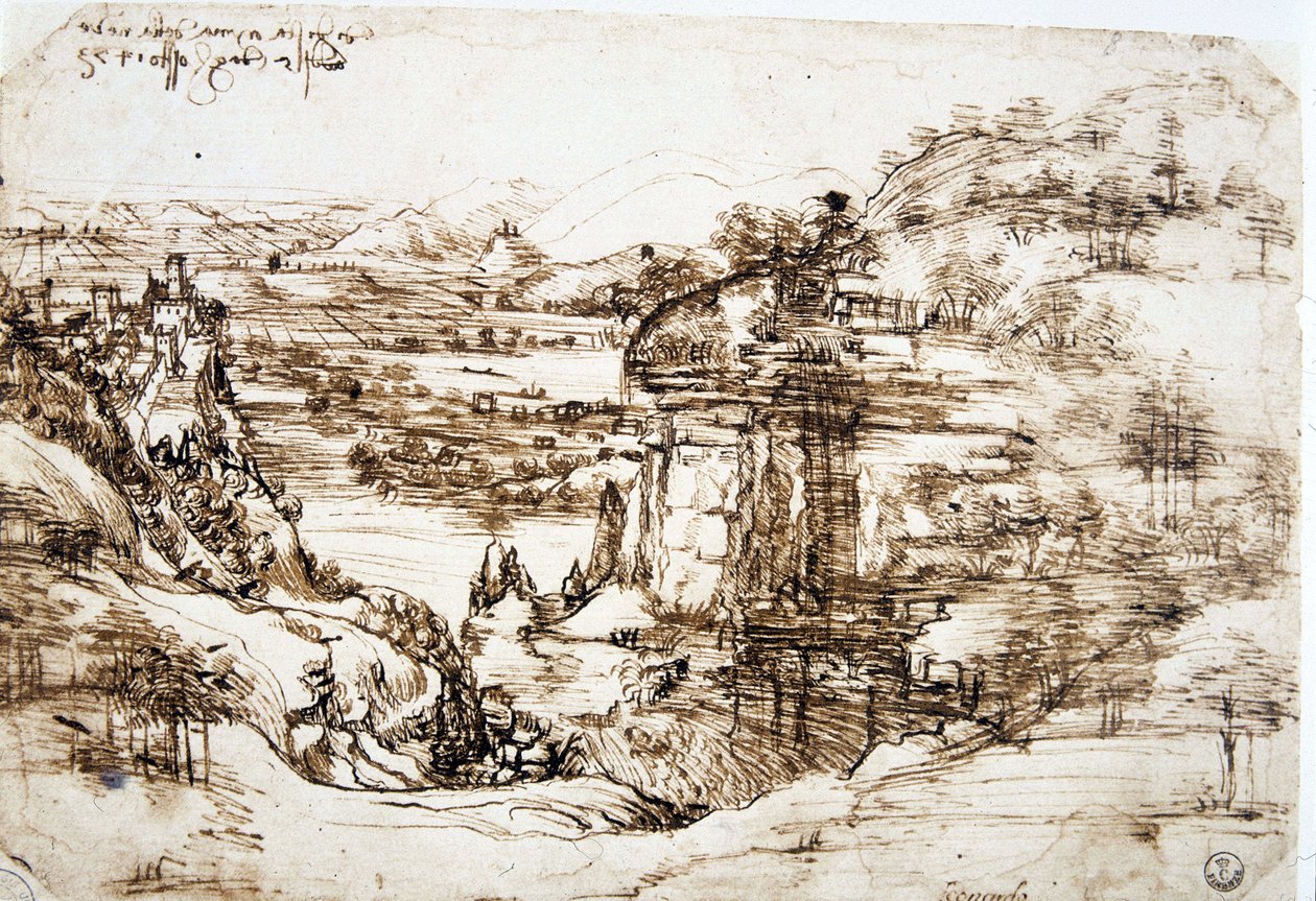 أول رسم معروف لليونارد دي فينشي (ليوناردو دافنشي) (1452-1519) ، "منظر طبيعي لسانتا ماريا ديلا نيفي": منظر طبيعي لوادي أرنو بالقرب من فلورنسا. بواسطة ليوناردو دا فينشي