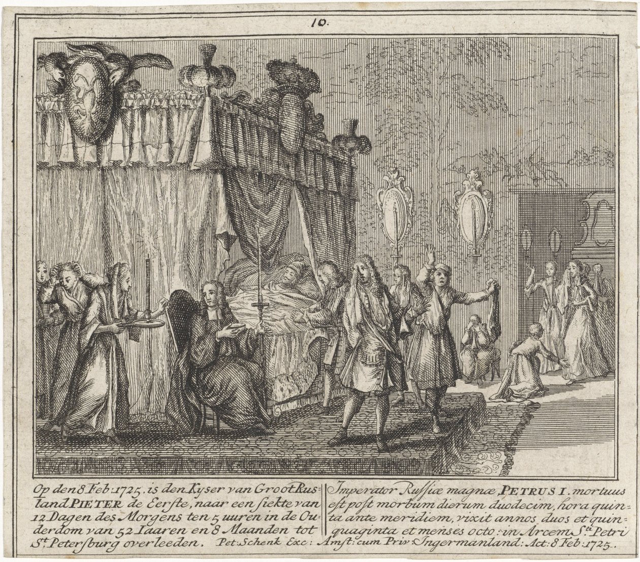 La mort de Pierre I le Grand، le 8 fevrier 1725 - The Death of Peter the Great في 8 فبراير 1725 ، بواسطة شينك ، ليونارد (1696-1767). النقش على النحاس بواسطة ليوناردوس شينك