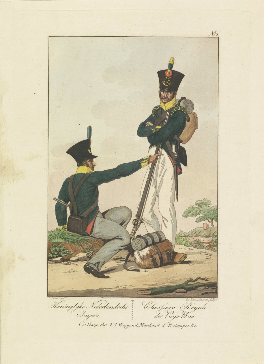 صيادان ، 1814-1818 Koninglyke Nederlandsche Jagers / Chasseurs Royale des Pays-Bas (العنوان على الكائن) سبع تمثيلات موحدة 1814-1818 (عنوان السلسلة) بواسطة ليونارد شويكهارت