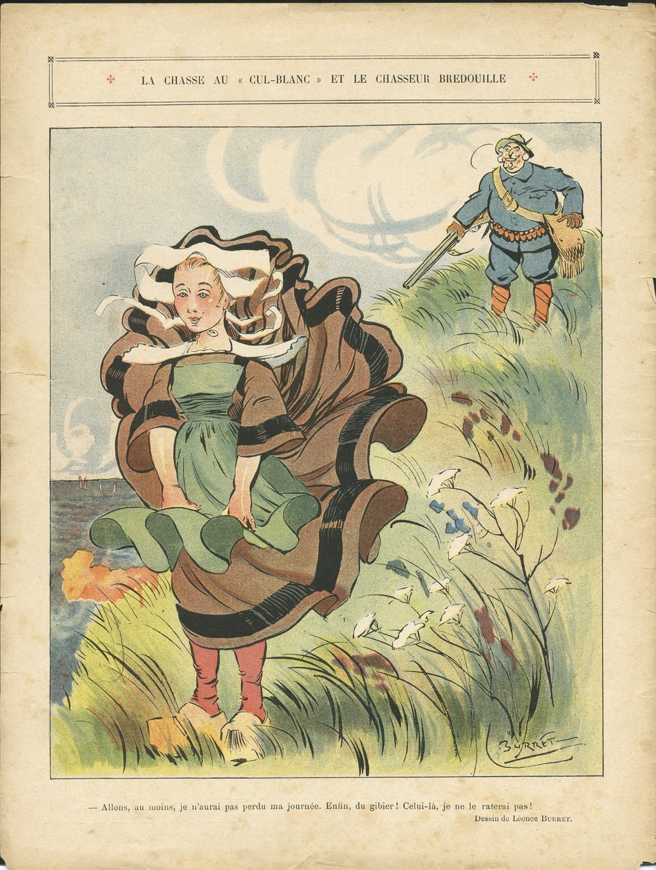 رسم توضيحي لـ Leonce Burret (1865-1915) في Le Rire ، 03/09/10 - البحث عن cul-blanc الأبيض والصياد الوهمي - الريف ، الترفيه ، الطبيعة النباتية ، صياد الصيد ، Maritime Marine Balneaire - الفلاحون والمزارعون بواسطة ليونسي بوريت