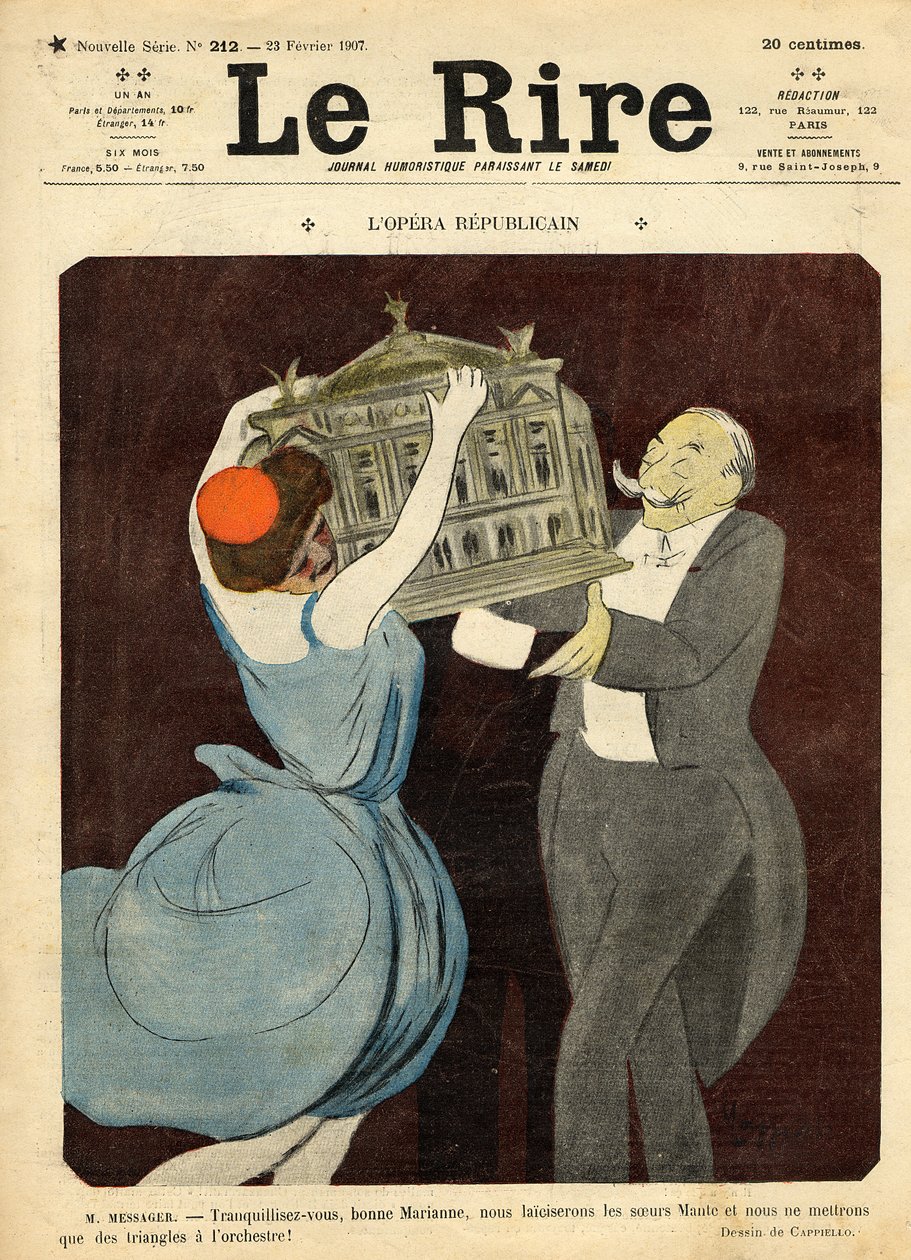 كارتون الملحن أندريه ميساغر ، من الغلاف الأمامي لـ "Le Rire" ، 23 فبراير 1907 بواسطة ليونيتو كابيلو