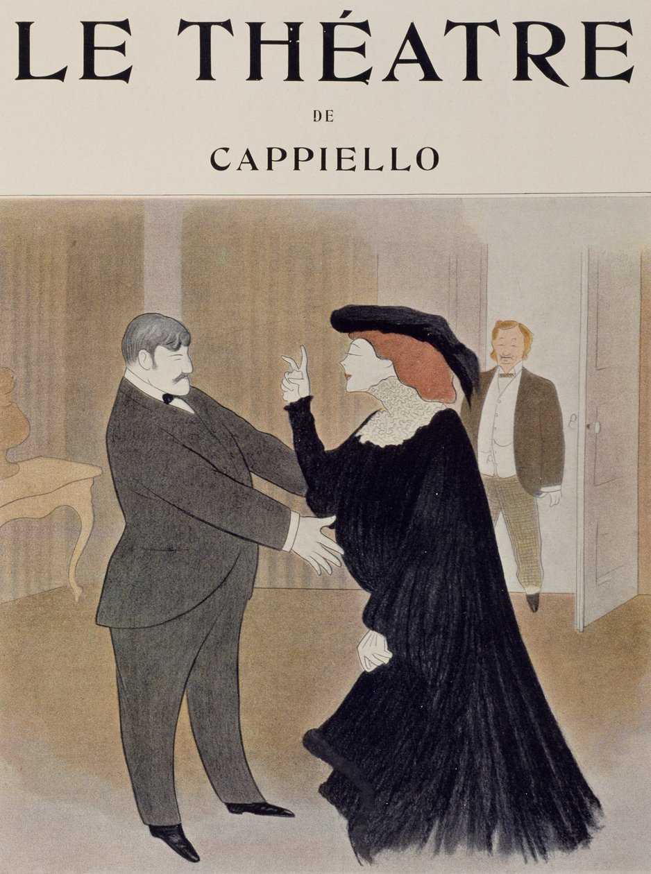 Actors Lucien Quitry and Jane Harding in scene from La Chatelaine, performed at Renaissance Theatre in Paris, drawing by Leonetto Cappiello (1875-1942), title page of journal Theatre, April 1903 بواسطة ليونيتو كابيلو