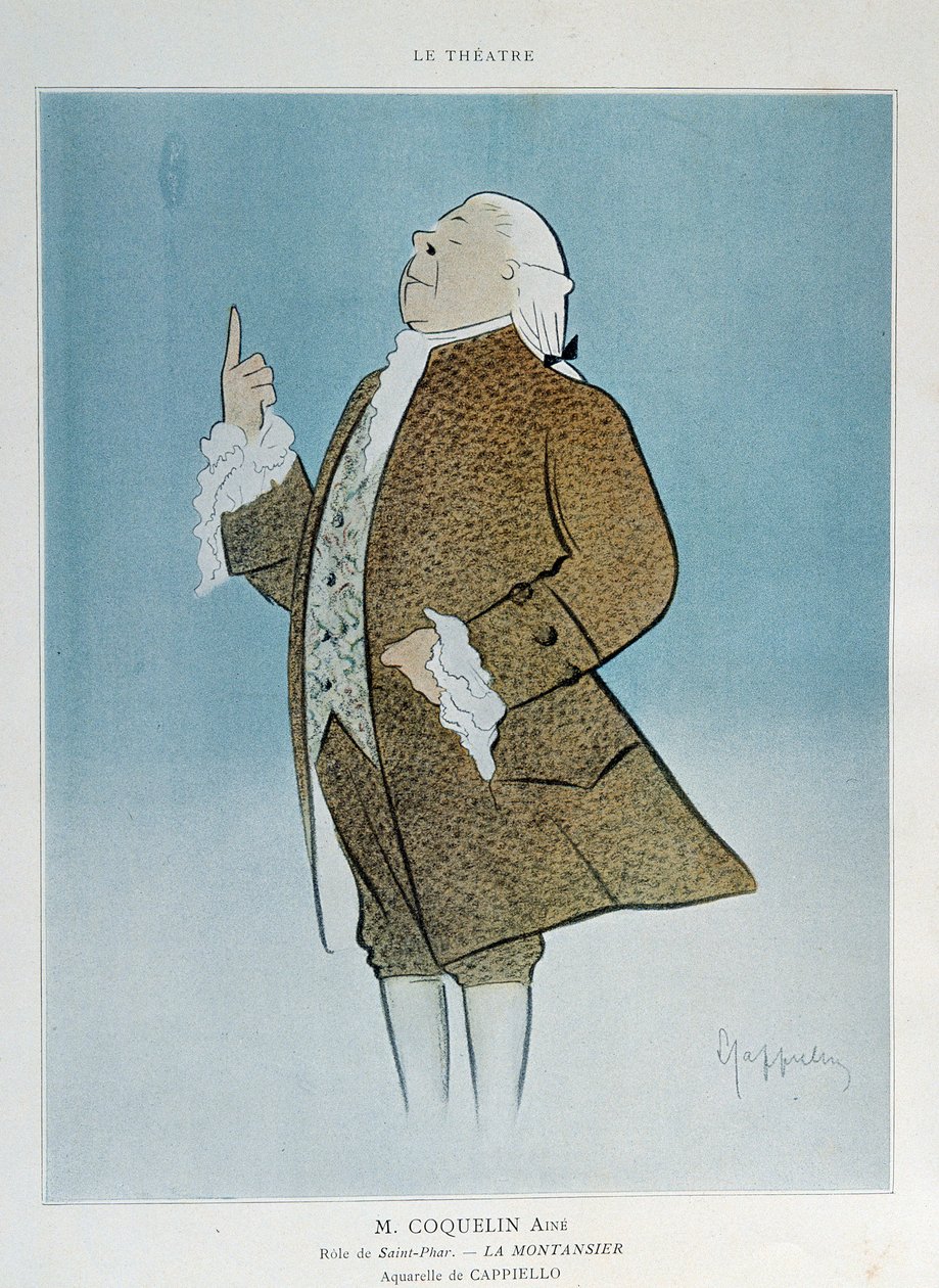 الممثل الكوميدي كونستانت بوبي جروين (1841-1909) في دور القديس فار في فيلم Rejane "La Montansier" في عام 1904. لوحة مائية ليونيتو كابيلو (1875-1942) باريس. الفنون الزخرفية بواسطة ليونيتو كابيلو