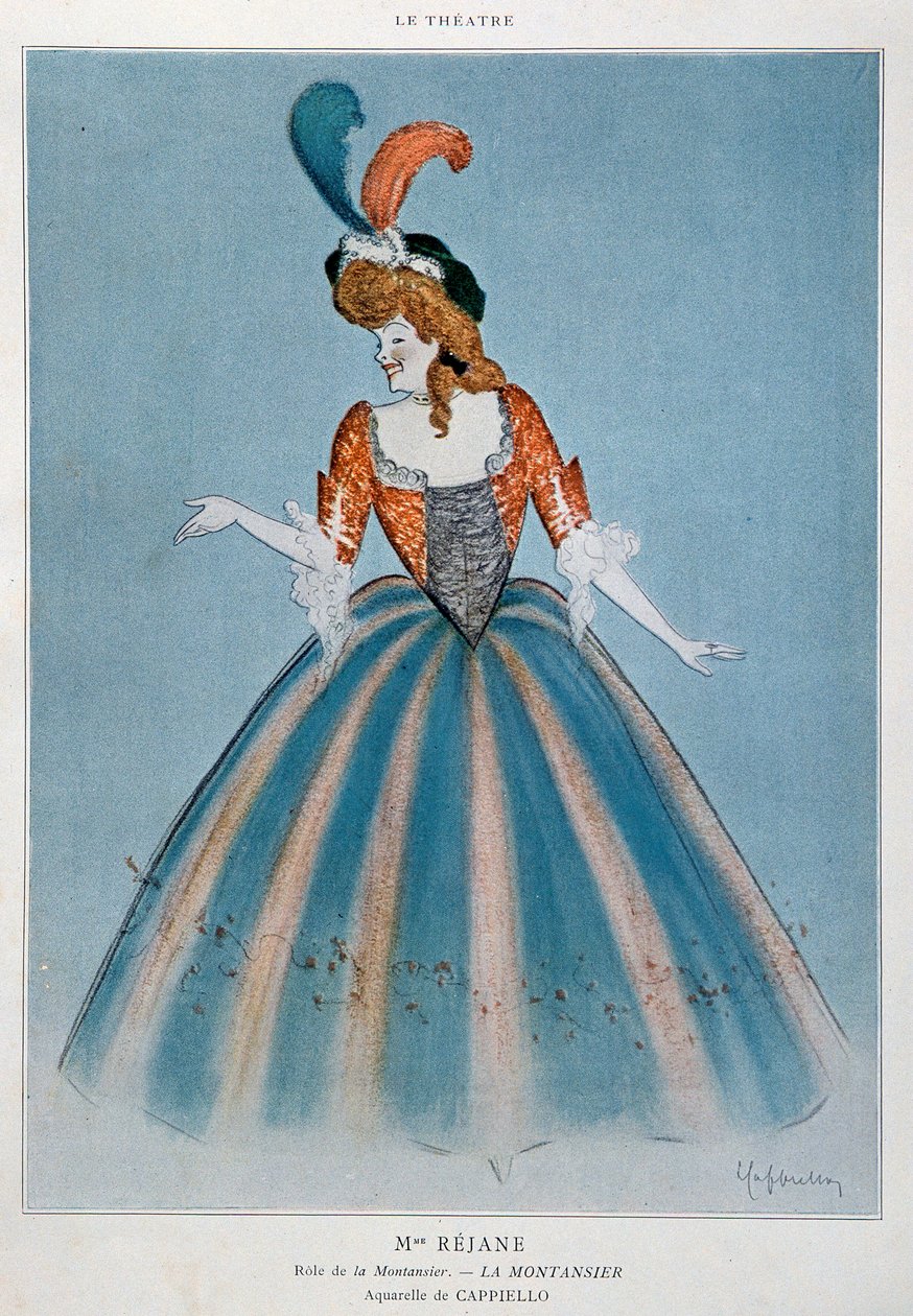 الممثل الكوميدي غابرييل شارلوت ريو دعا Rejane (1856-1920) في دور Montansier. لوحة مائية ليونيتو كابيلو (1875-1942) باريس ، فنون زخرفية بواسطة ليونيتو كابيلو