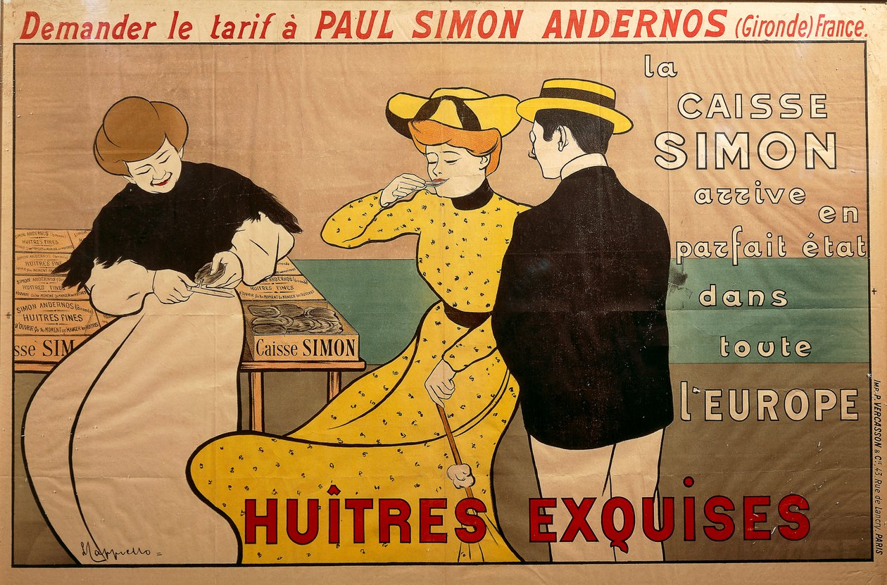 "Huitres exquises" (exquisite oysters) poster for the oysters merchant Paul Simon بواسطة ليونيتو كابيلو