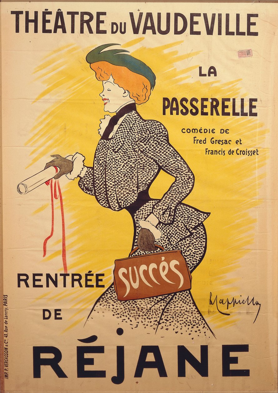 Poster for the comedy "La passerelle" by Francis de Croisset (1877-1937) and Fred De Gresac (1879-1943) au t the Theatre du Vaudeville with Rejane بواسطة ليونيتو كابيلو