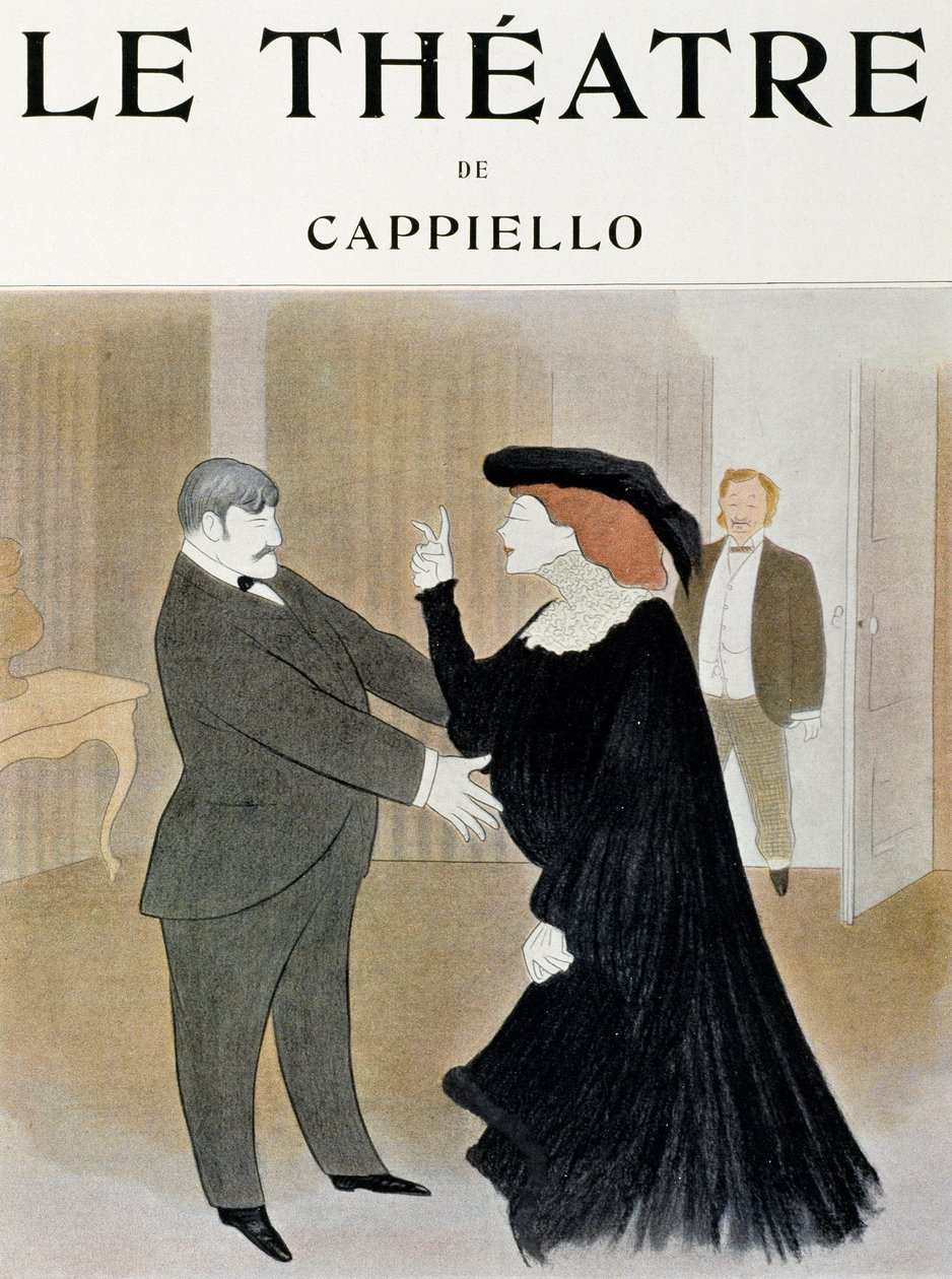 The actors Lucien Guitry (1860-1925) and Jane Harding in a scene from La Chatelaine, performed at the Renaissance Theatre in Paris - title page of the journal Theatre, April 1903, Paris (Print) بواسطة ليونيتو كابيلو
