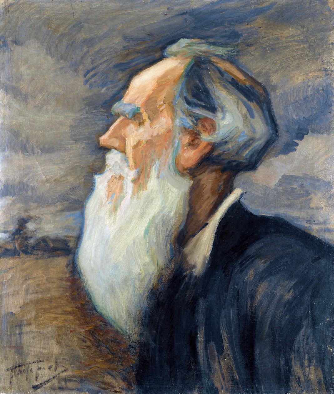 "" الكاتب ليون تولستوي (1828-1910) (صورة ليو تولستوي) لوحة رسمها ليونيد أوسيبوفيتش باسترناك (1862-1945) ، - ألوان زيتية على قماش ، 77.5 × 66 مجموعة خاصة بواسطة ليونيد أوسيبوفيتش باسترناك