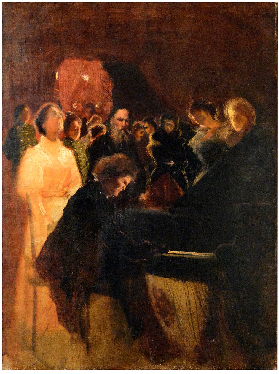 ليو تولستوي في الحفل الموسيقي الذي قدمه أنطون روبنشتاين (1829-1894) على قدم المساواة باسترناك وليونيد أوسيبوفيتش (1862-1945). باستيل على ورق مقوى مقاس 64x50 بواسطة ليونيد أوسيبوفيتش باسترناك