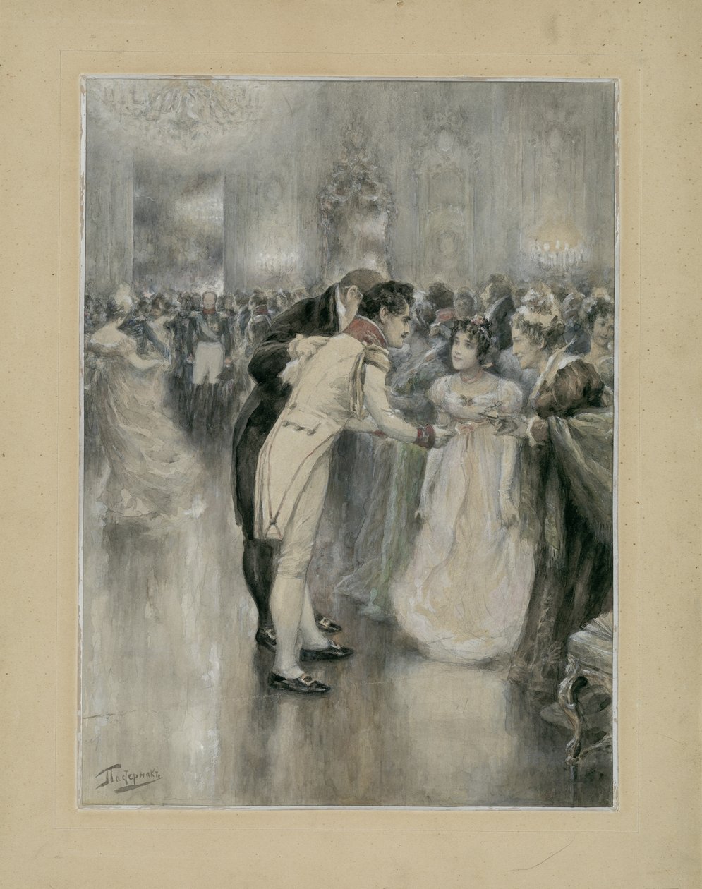ناتاشا على أول كرة لها. رسم توضيحي لرواية الحرب والسلام بقلم ليو تولستوي 1893. بواسطة ليونيد أوسيبوفيتش باسترناك