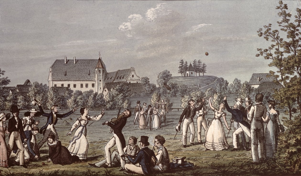 ألعاب الكرة في Atzenbrugg مع فرانز شوبرت (1797-1828) والأصدقاء جالسين في المقدمة (قلم وحبر ومرحاض على ورق) بواسطة ليوبولد كوبيلفايزر