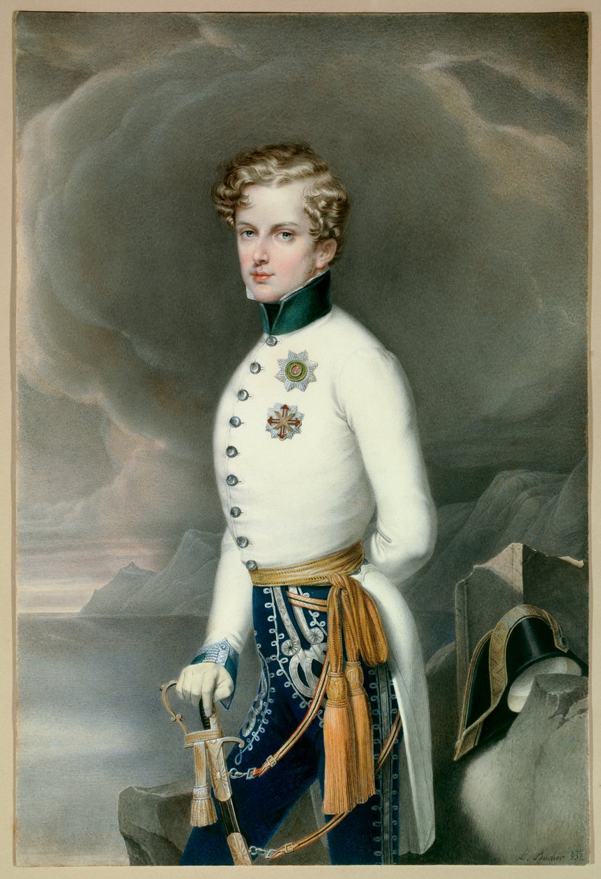 ملك روما وأمير بارما نابليون الثاني ، دوق رايششتات (1811-1832) ابن الإمبراطور نابليون الأول (1769-1821) بالزي العسكري بصفته مقدمًا لكتيبة غوستاف برينس أوف واسا نقش ليوبولد بوشر (1797-1858) 1832 خافت. 0،33x0،22 م مالمايس بواسطة ليوبولد بوشر