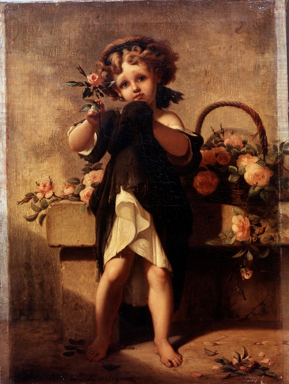 Portrait en pied de une petite fille à la rose Painting by Leopold Moulignon (1821-1897) 19th century . بواسطة ليوبولد دي موليجنون