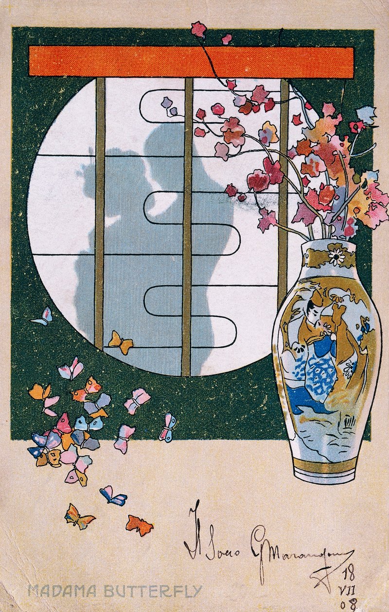 بطاقة بريدية تم إنشاؤها للعرض الأول لفيلم "Madame Butterfly" في بريشيا بواسطة ليوبولدو ميتليكوفيتز