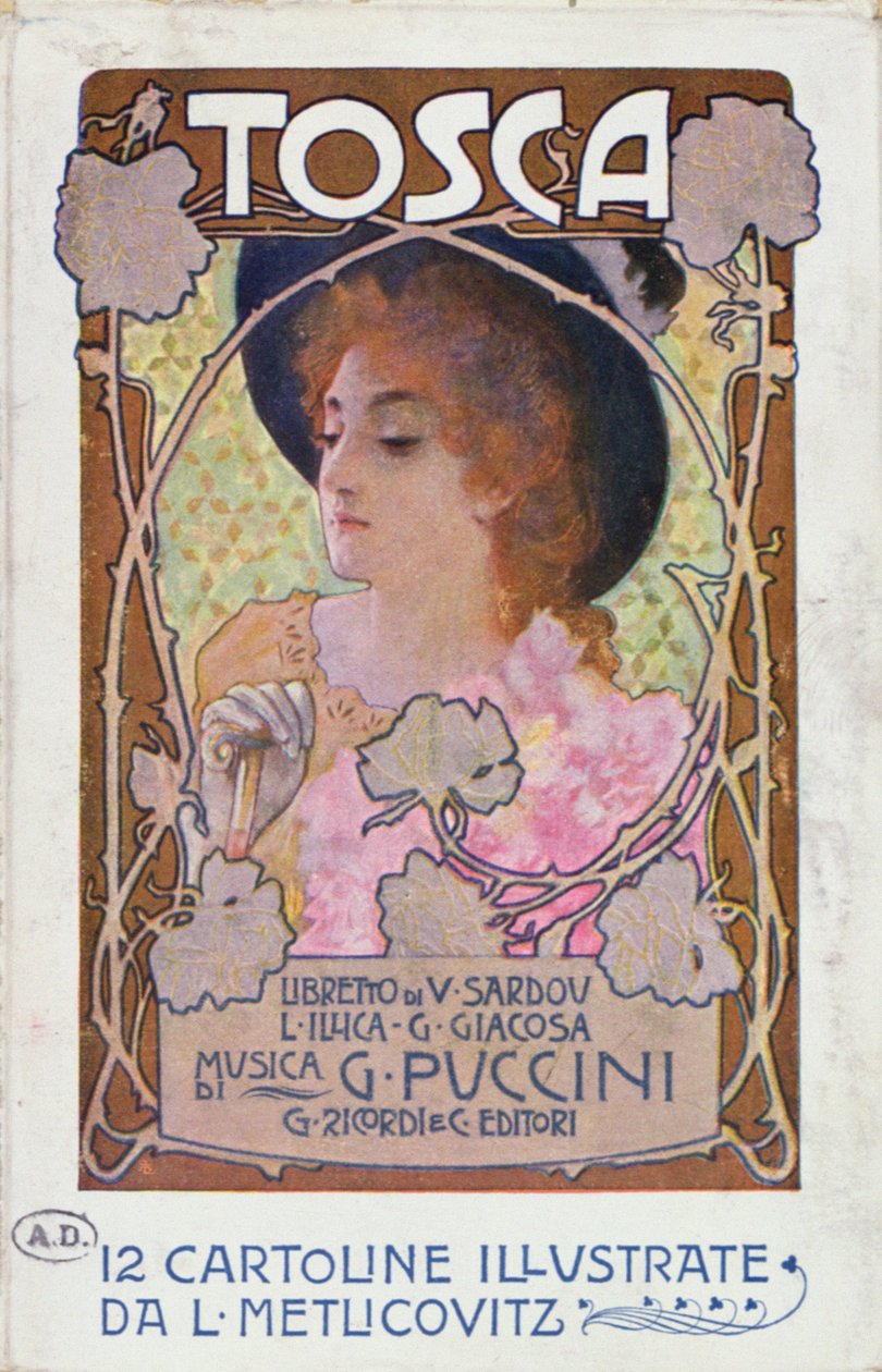 Title page of score sheet for the opera Tosca by Puccini, c.1910 (colour litho) بواسطة ليوبولدو ميتليكوفيتز