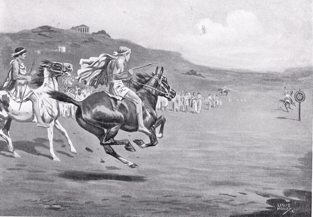 فرسان يونانيون يرمون الرمح ، رسم توضيحي من "تاريخ الأمم لهاتشينسون" ، 1915 بواسطة ليزلي موسلي