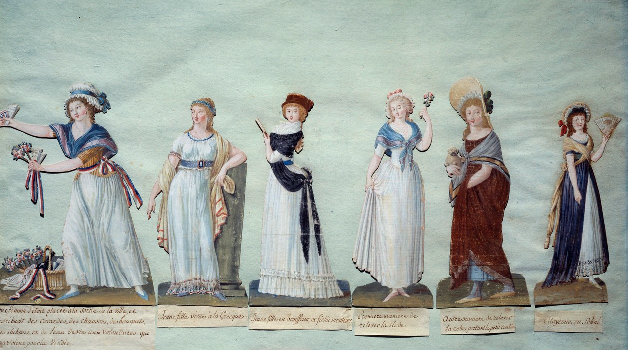 شابات مختلفات يمثلن الموضة الأنثوية خلال الثورة. Gouache des freres Lesueur (القرن الثامن عشر) باريس ، متحف Carnavalet بواسطة الإخوة ليسويور