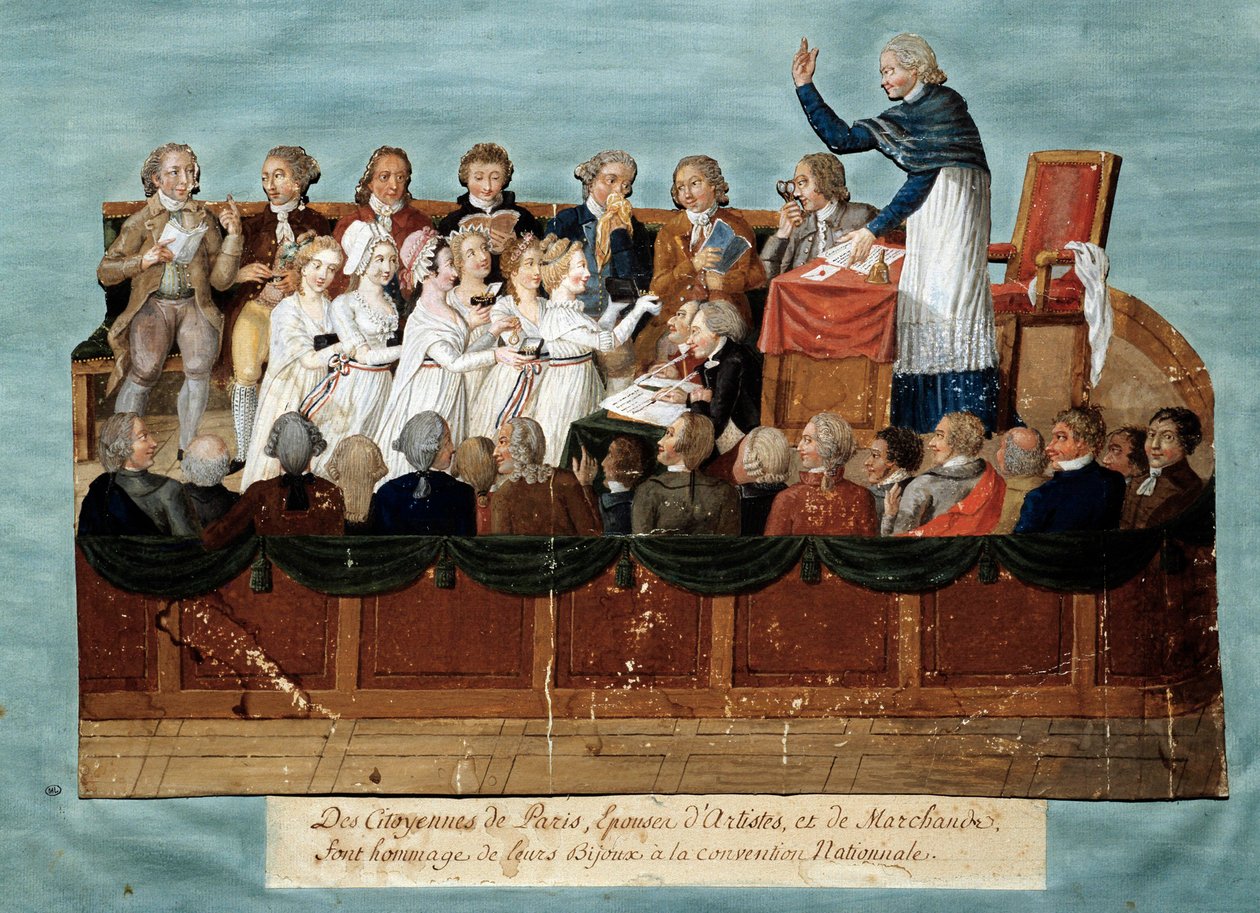 الثورة الفرنسية: "" مواطنو باريس يعرضون مجوهراتهم على المؤتمر الوطني "" Illustration des Freres Lesueur (القرن الثامن عشر). 1792-1795. متحف كارنافالي في باريس - الثورة الإنجليزية - مواطنو باريس يتبرعون بمجوهراتهم للناتي بواسطة الإخوة ليسويور