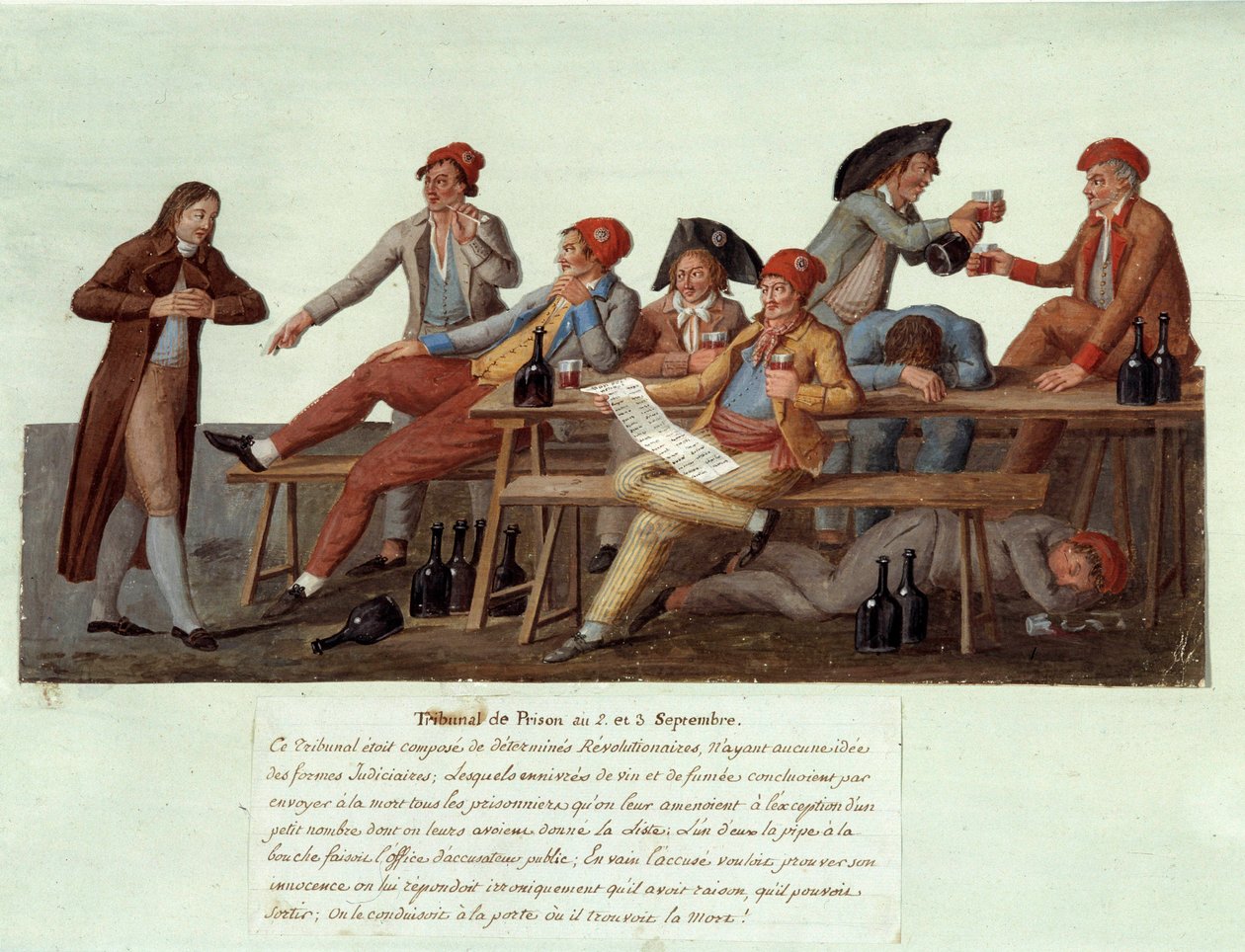 الثورة الفرنسية عام 1789: "" محكمة السجن في 2 و 3 سبتمبر "" تمثيل ساخر لمحكمة ثورية ، لا يتمتع الأعضاء بسلطة قضائية في مسائل العدالة ويحكمون في القضايا بشرب الخمر والتدخين. Gouache des freres Lesueur بواسطة الإخوة ليسويور