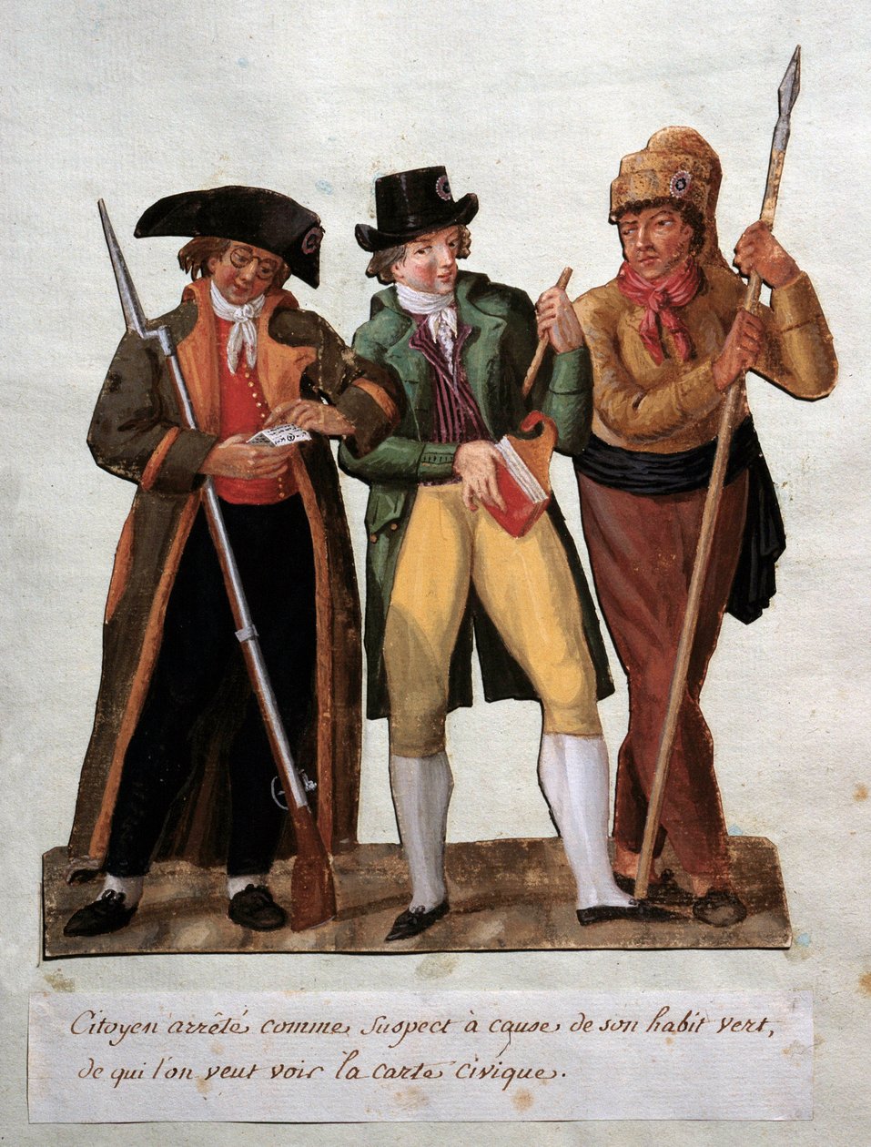 الثورة الفرنسية "" مواطن مشتبه به تم القبض عليه بسبب عادته الخضراء "" Gouache des freres Lesueur (القرن الثامن عشر). متحف كارنافاليت ، باريس بواسطة الإخوة ليسويور