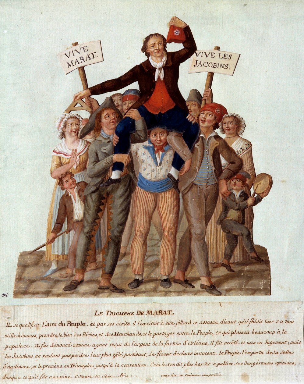 الثورة الفرنسية: "" انتصار مارات "جان بول (جان بول) مارات (1743-1793) ، نائب باريس في المؤتمر الوطني ، ينتصر الشعب على مواقفه العنيفة ضد الأغنياء لصالح اشخاص. Gouache des freres Lesue بواسطة الإخوة ليسويور