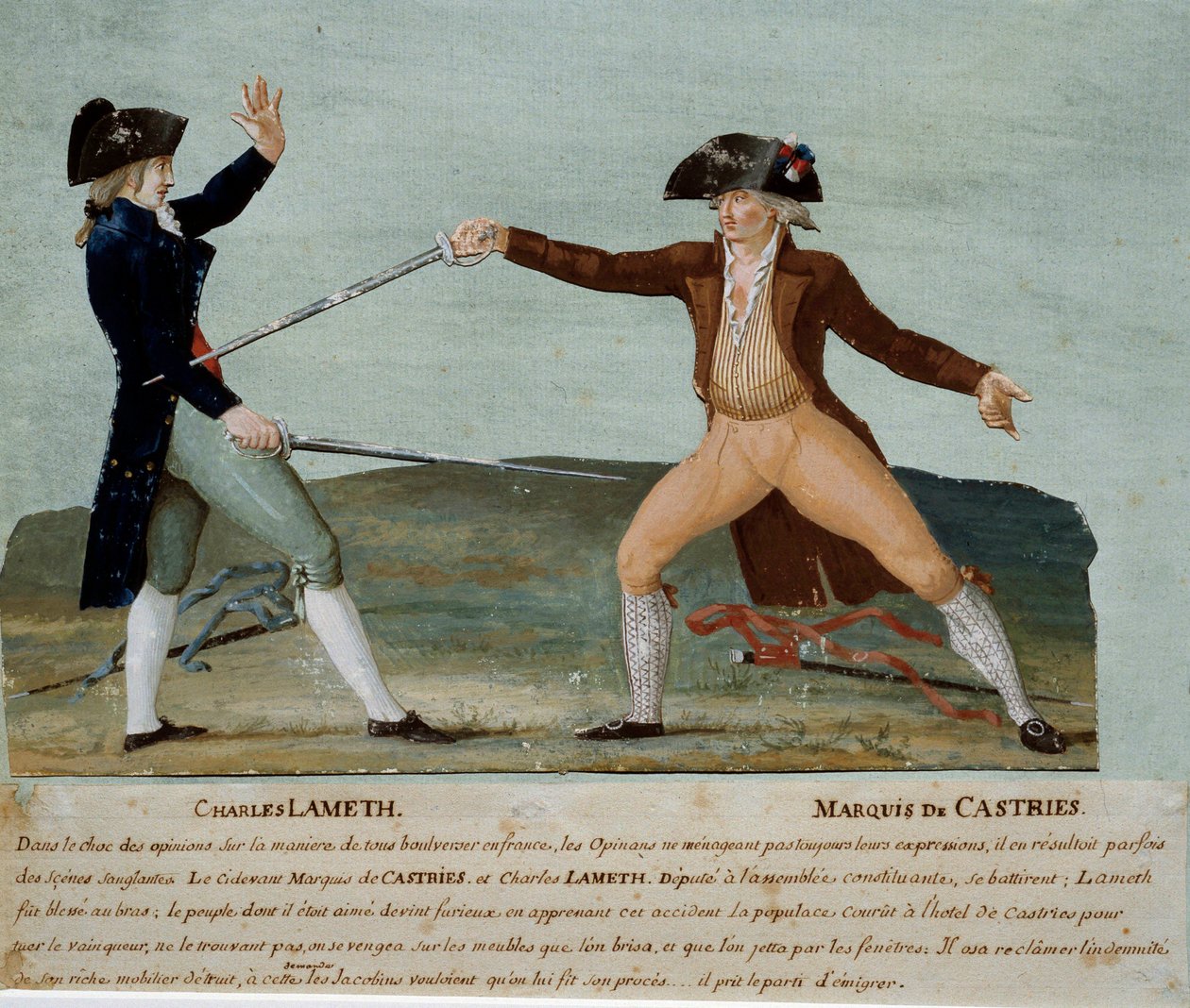 الثورة الفرنسية: مبارزة بين تشارلز لاميث (1757-1832) ، نائب في الجمعية التأسيسية ، وماركيز دي كاستريس (1756-1842) ، نائب النبلاء في 12 نوفمبر 1790. جرح الأخير لاميث واشتعلت حشود اليعاقبة فندقه . جواش بواسطة الإخوة ليسويور