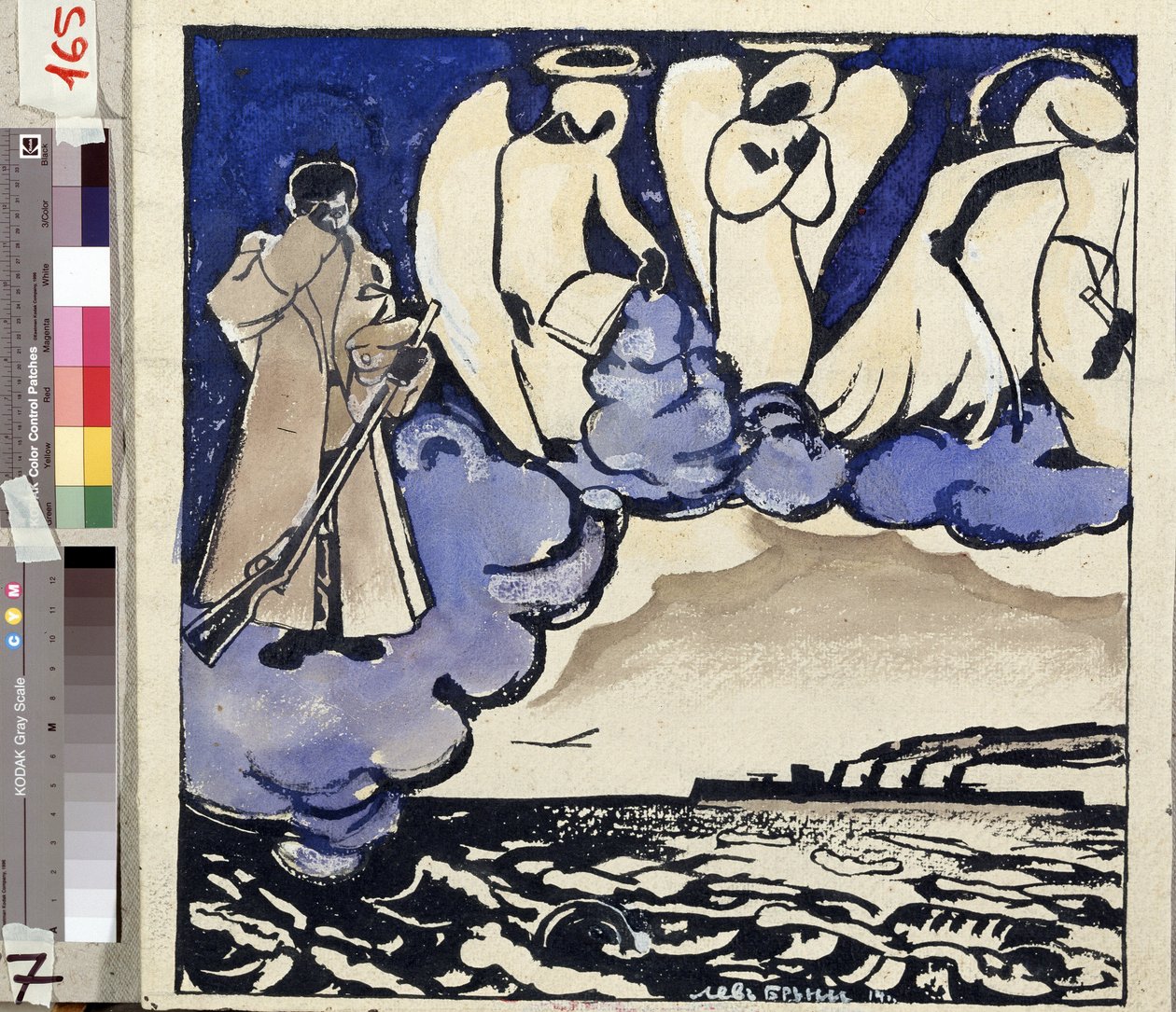 ""الحرب. روسيا. 1914 "" رمزية الحرب العالمية الأولى. جندي وملائكة. Pen and gouache by Lev Bruni (1894-1948) 1914 متحف الدولة للتاريخ والعمارة والفنون ، ريبينسك ، روسيا بواسطة ليف أليكساندروفيتش بروني