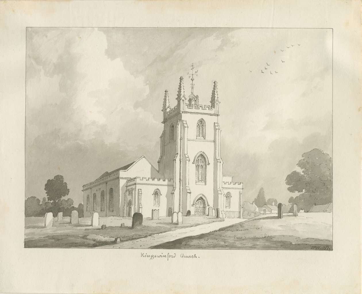كنيسة Kingswinford: رسم بني داكن ، 1837 بواسطة لويس جون وود