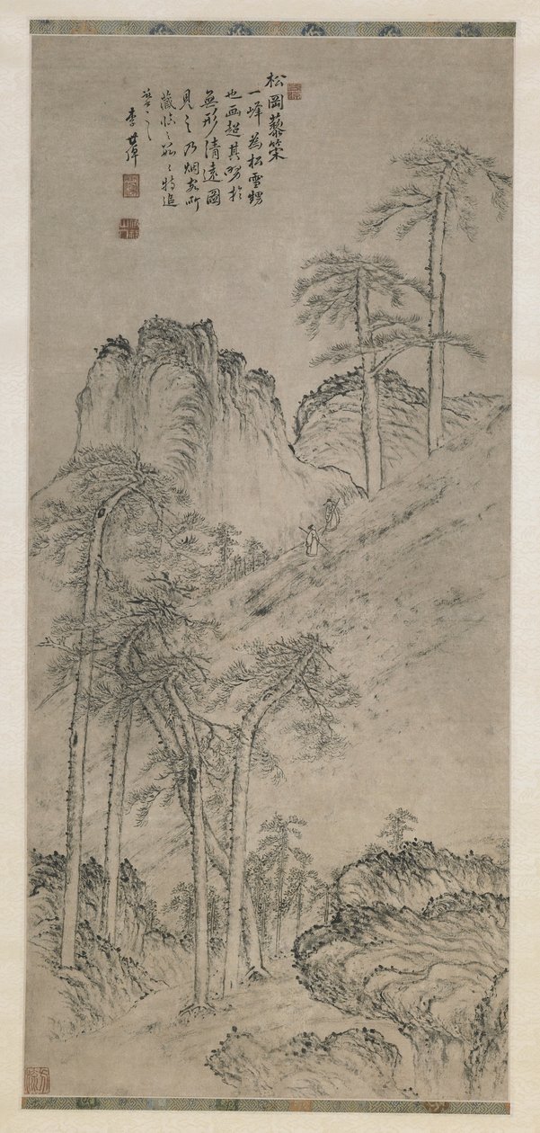 المشي مع الموظفين على باين هيل ، سلالة تشينغ ، c.1760 (حبر على ورق) بواسطة لي شيزو