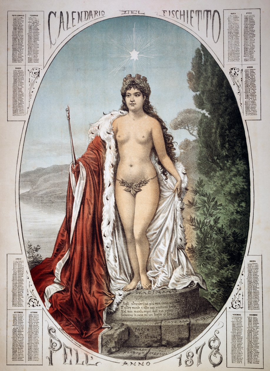 Allegory of Italy on a pedestal made of taxes and fees, calendar of the whistle, year 1878, Italy بواسطة غير معروف غير معروف