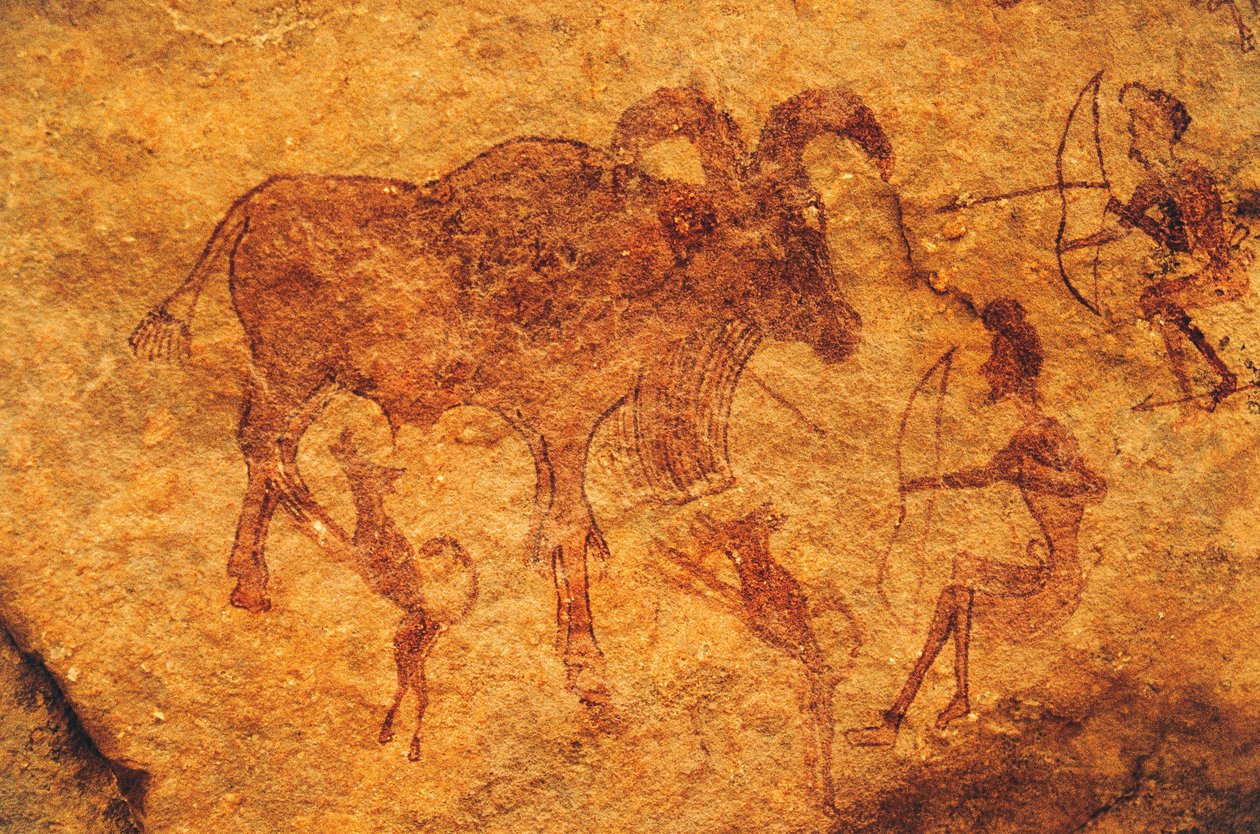 Archers, dogs and hoofed animal, cave painting, Tassili n