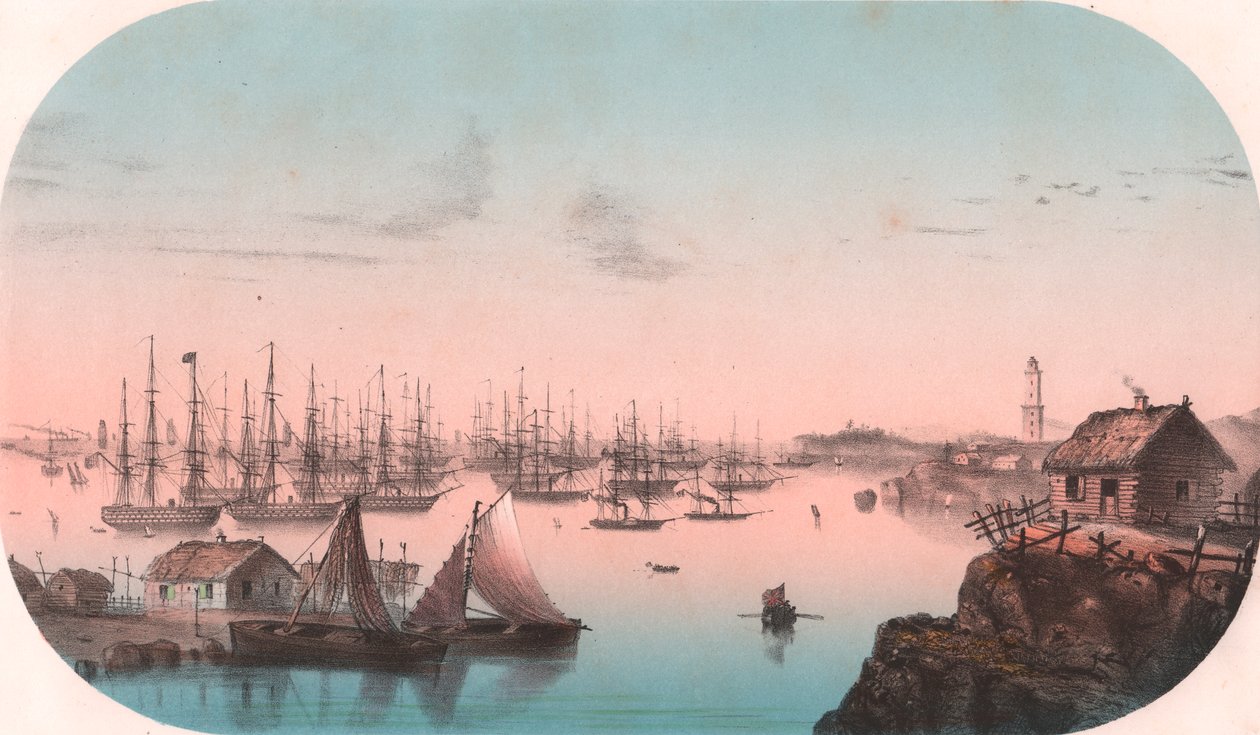Baltic Fleet in Baro Sund, Finland, color lithograph, 29x20 cm, from Episodes de la guerre d
