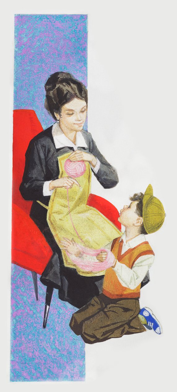 Boy helping his mother to make ball of wool, drawing بواسطة غير معروف غير معروف