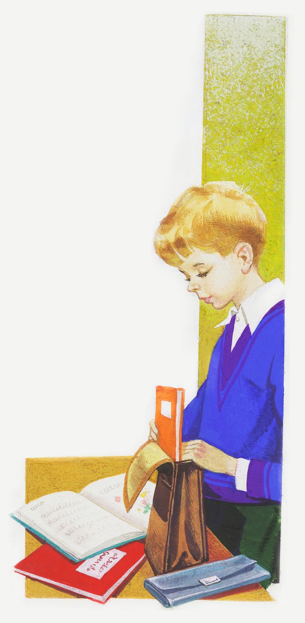 Boy preparing his folder for school, drawing بواسطة غير معروف غير معروف
