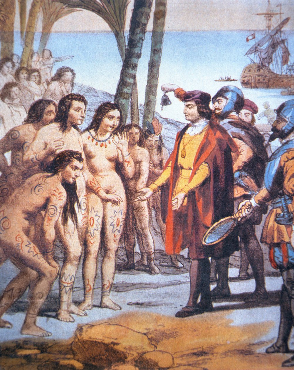 Christopher Columbus lands in the New World in 1492 and is greeted by Taino Indians (colour litho) بواسطة غير معروف غير معروف